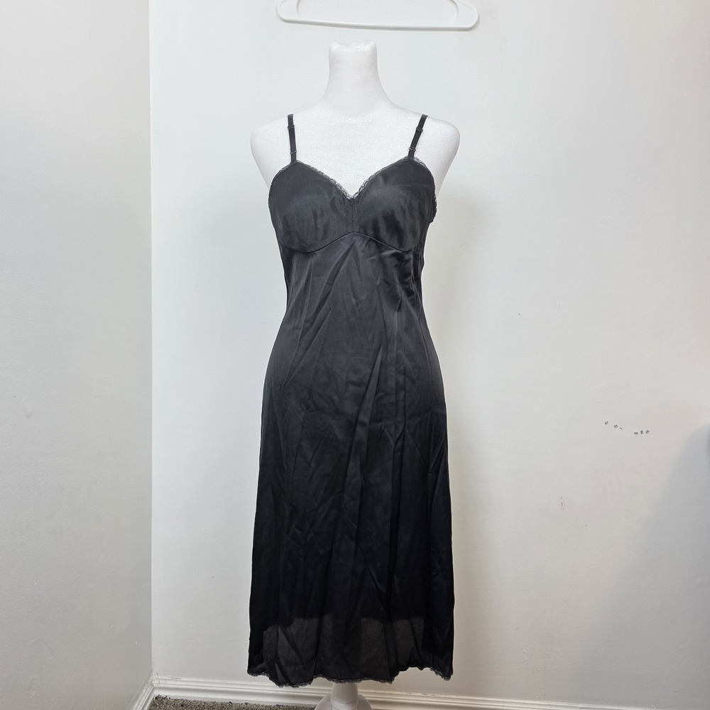 Vanity Fair Vintage Black Satin Babydoll Lace Trim Midi Dress Size Small Long‎